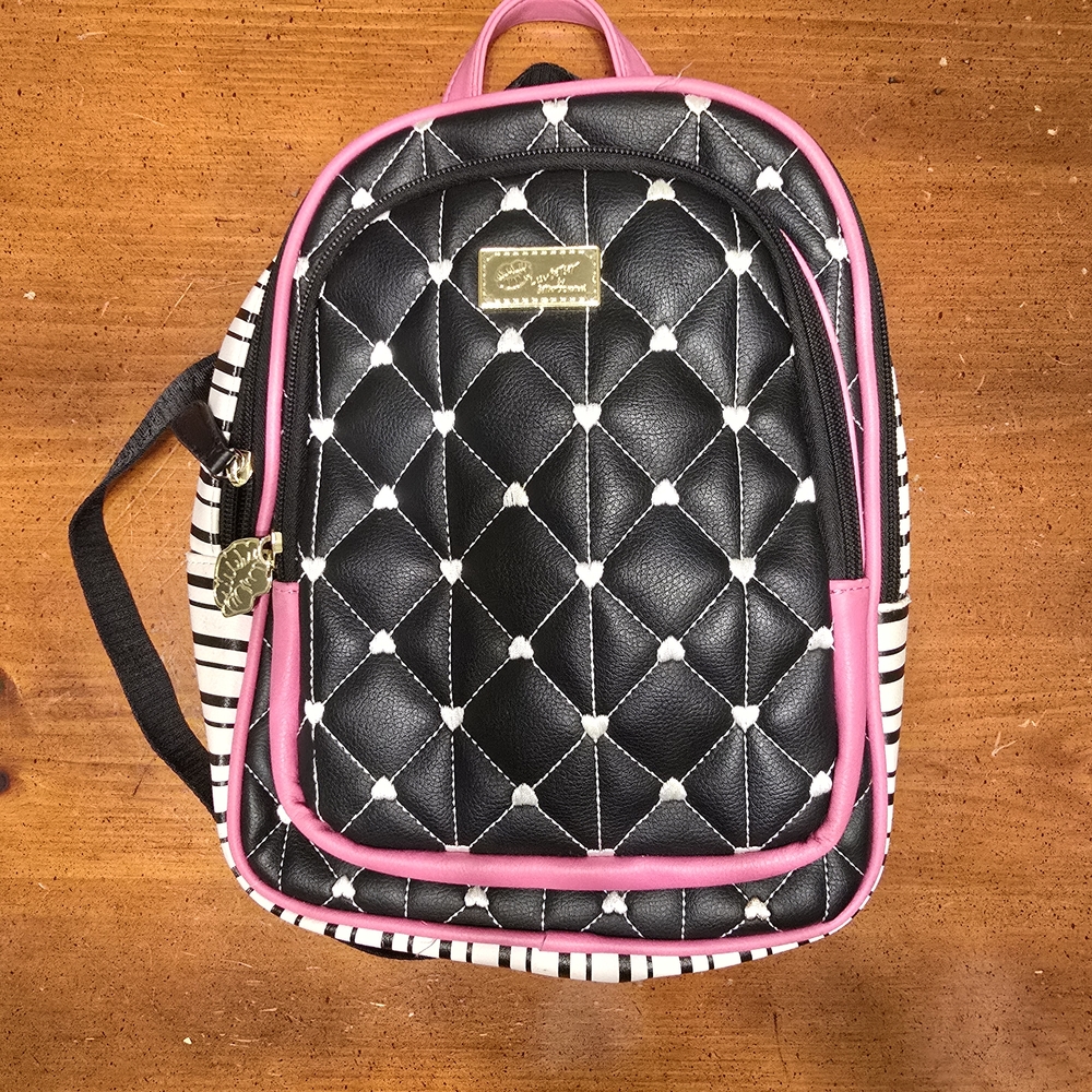 Betsey Johnson Black and Pink Quilted Backpack with Glossy Finish
